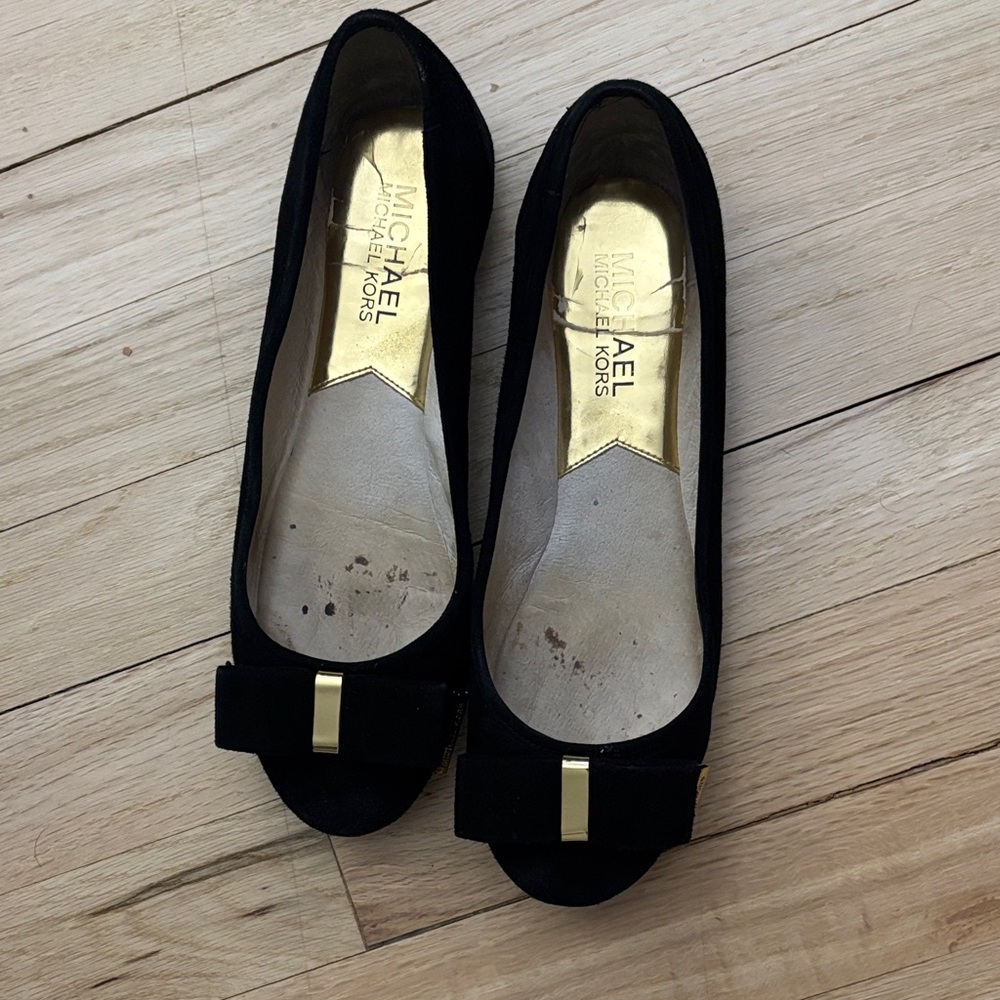 Michael Kors Black Suede Ballet Flats with Gold Accent Bow